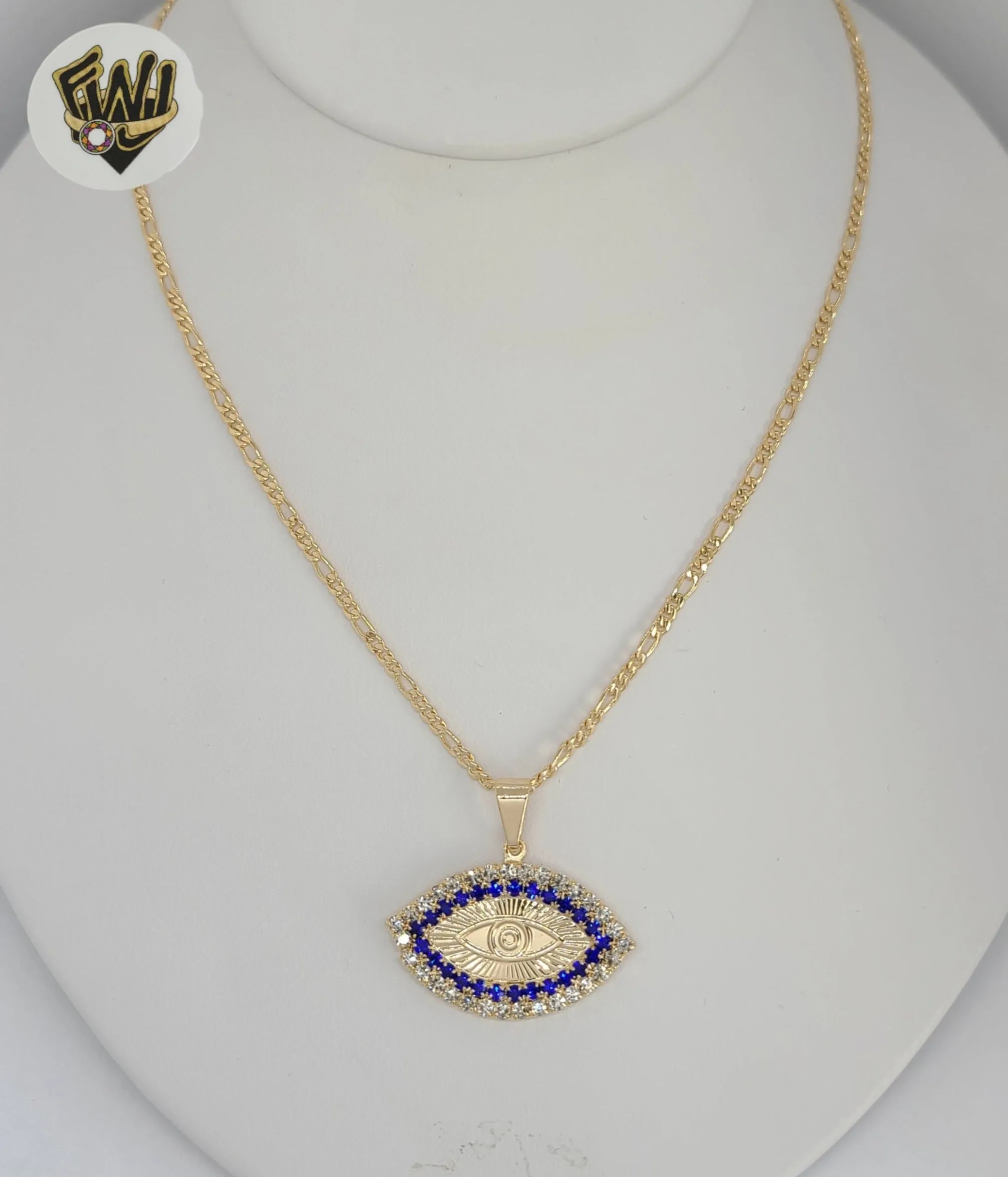 (1-6240-1) Gold Laminate - Figaro Link Evil Eye Necklace - 18 - BGF