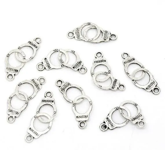 10 Pcs Tibetan Silver Handcuffs 'Freedom' Hen Stag Party 3D 30mm x 11mm Charms Pendants