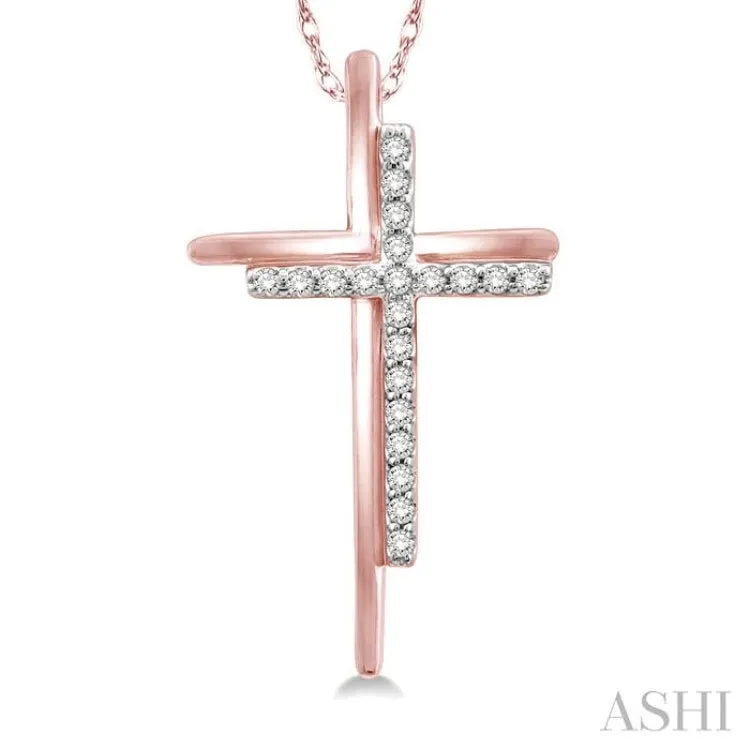 1/10 Ctw Double Cross Round Cut Diamond Pendant With Link Chain in 10K Rose Gold