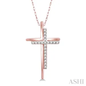 1/10 Ctw Double Cross Round Cut Diamond Pendant With Link Chain in 10K Rose Gold