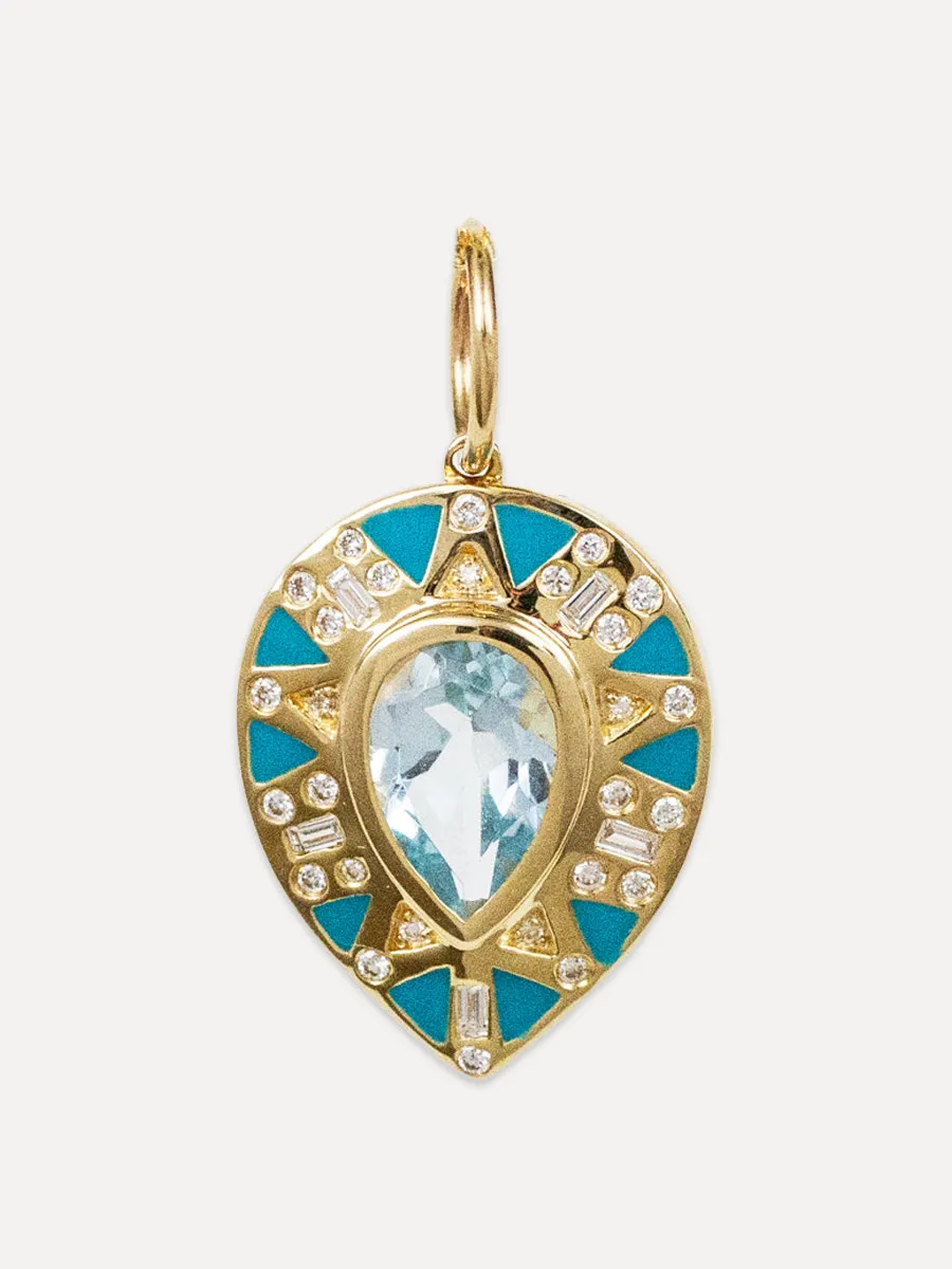 14K Diamond, Swiss Blue Topaz & Teal Enamel Teardrop Charm