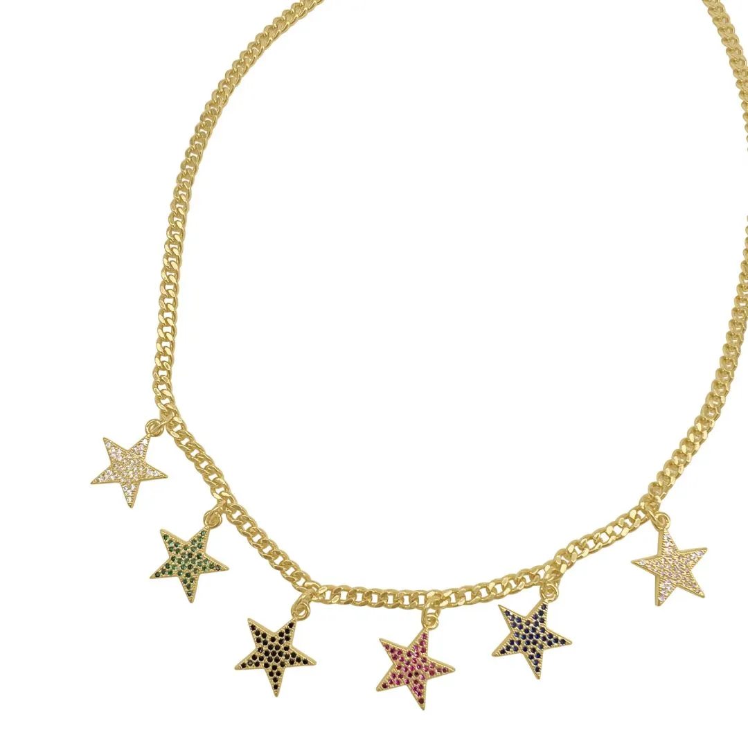 14k Gold Plated Multi Color Pave Star Curb Chain Dangle Necklace