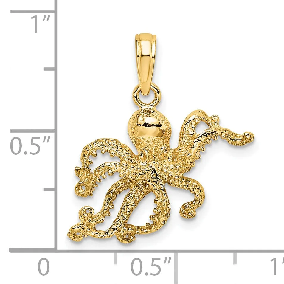 14K Yellow Gold Solid Textured Polished Finish Octopus Charm Pendant