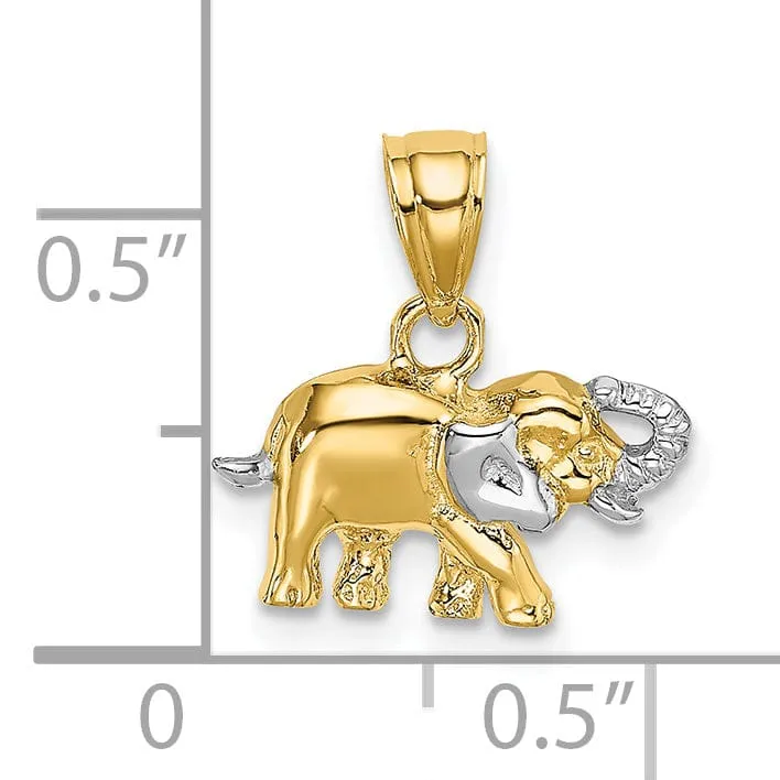 14k Yellow Gold White Rhodium Polished Finish Small Elephant Charm Pendant