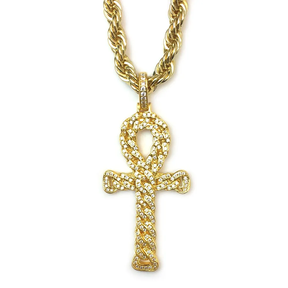 18k Gold Plated CZ Egyptian Ankh Pendant with 6mm Rope Chain 24 Inches