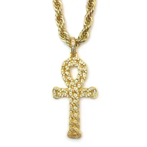 18k Gold Plated CZ Egyptian Ankh Pendant with 6mm Rope Chain 24 Inches