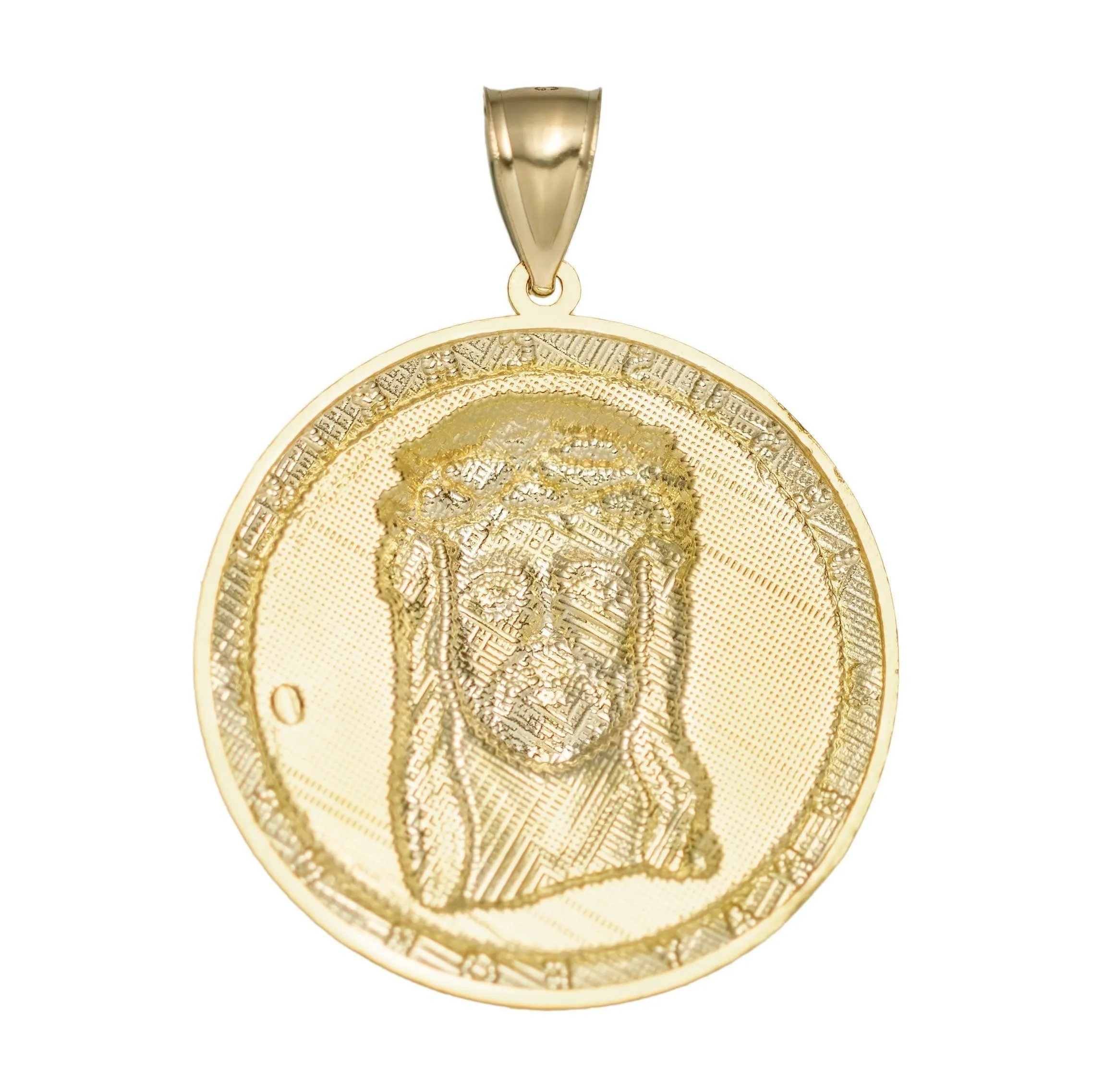 2" Jesus Head Pendant Charm Pray for Us Medallion 10K Solid Yellow Gold