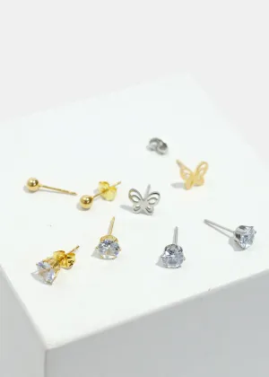 3-Pair Butterfly & Gemstone Stud Earrings