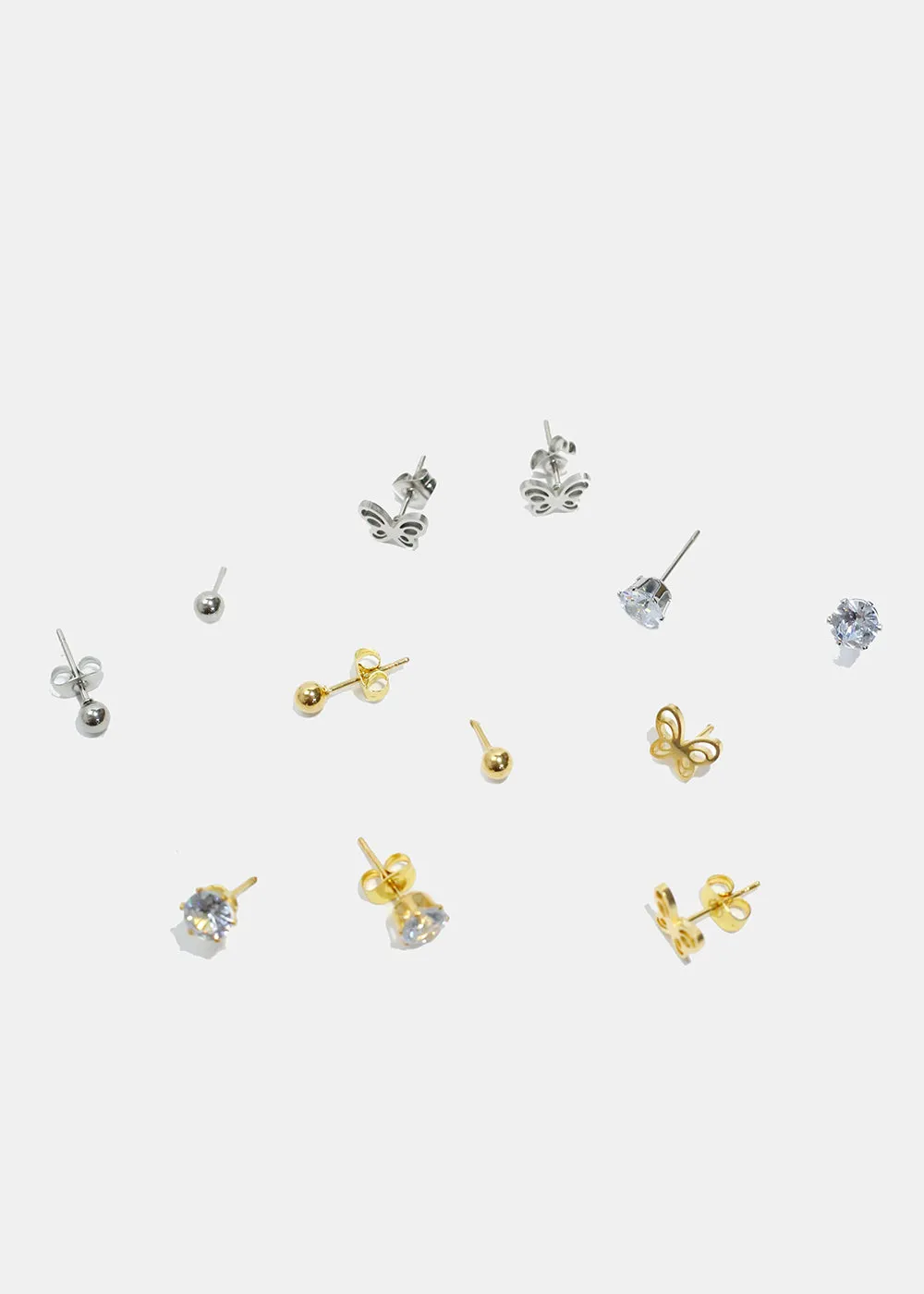 3-Pair Butterfly & Gemstone Stud Earrings