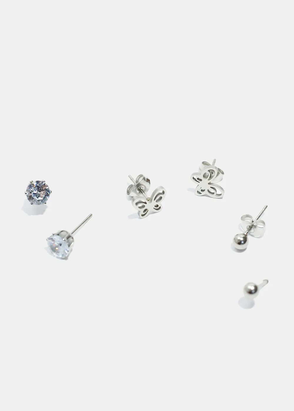 3-Pair Butterfly & Gemstone Stud Earrings