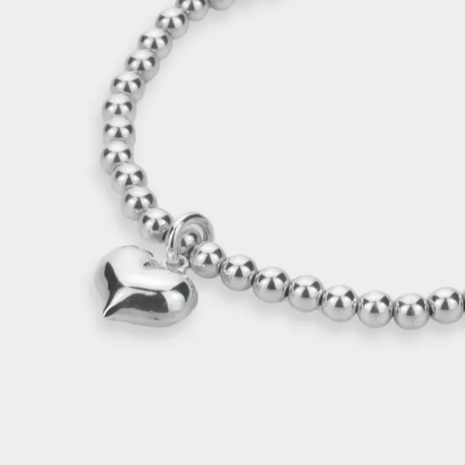 4mm Bracelet with Puff Heart Charm, Sterling Silver Heart Charm Bracelet, 925 Sterling Silver Stretch Bracelet, Stacked Bracelets