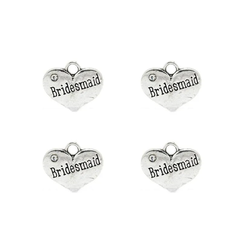 5 Pcs Tibetan Silver and Rhinestone Bridesmaid Heart 14X16mm 3D Charms Pendants