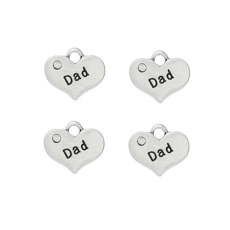 5 Pcs Tibetan Silver and Rhinestone Dad Heart Fathers Day 14X16mm 3D Charms Pendants