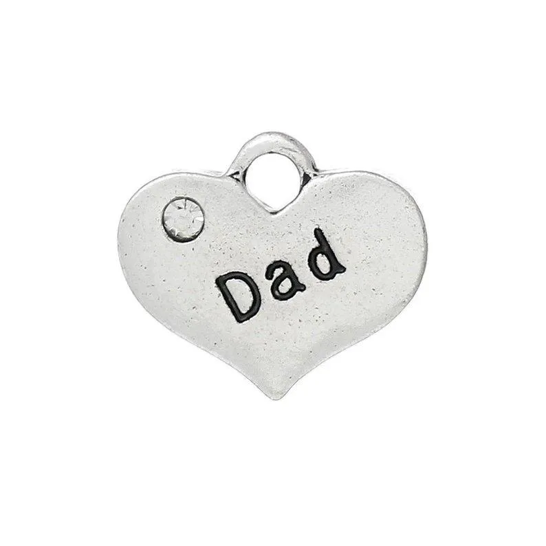 5 Pcs Tibetan Silver and Rhinestone Dad Heart Fathers Day 14X16mm 3D Charms Pendants