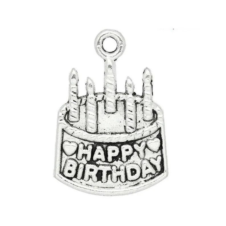 5 Pcs Tibetan Silver Happy Birthday Celebration Cake 22X15mm Charms Pendants