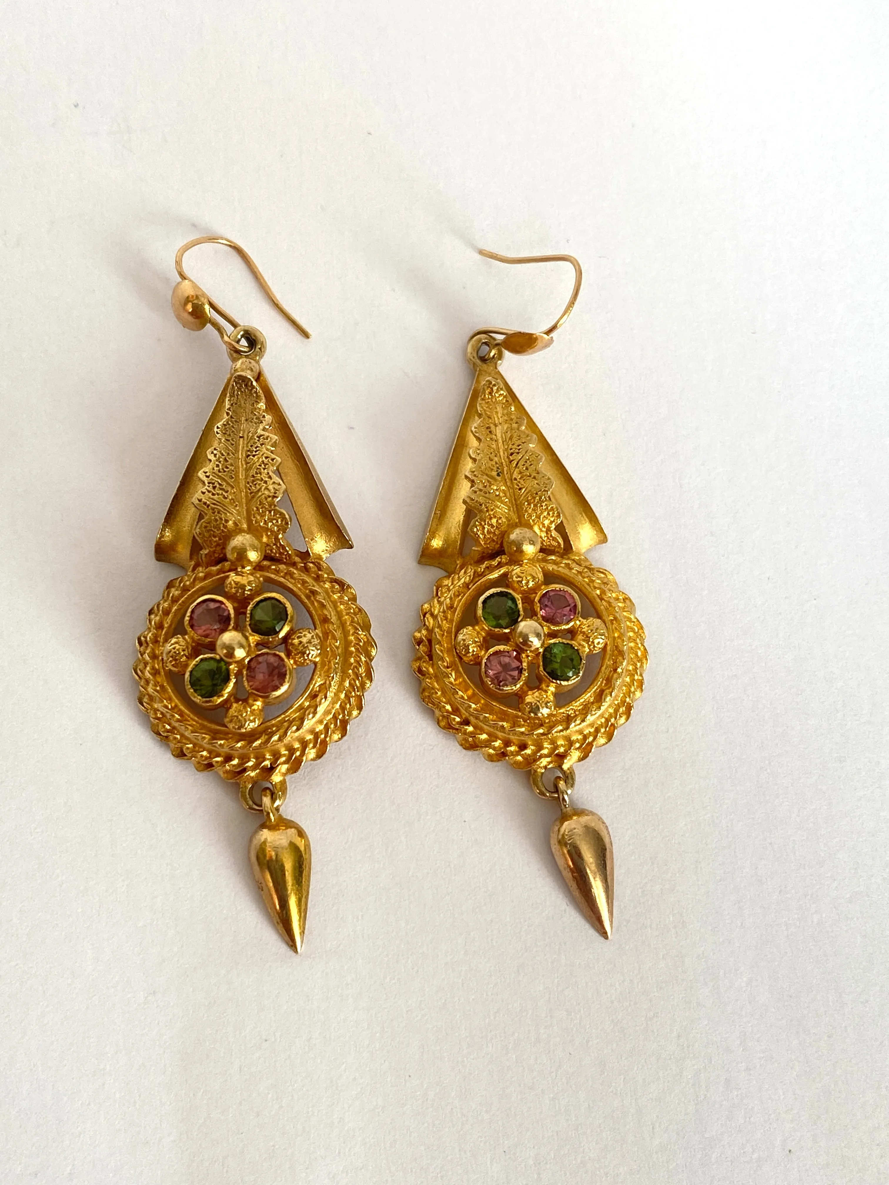 9ct Gold (with a 15ct Gilt finish), Victorian Tourmaline Hanging Earrings