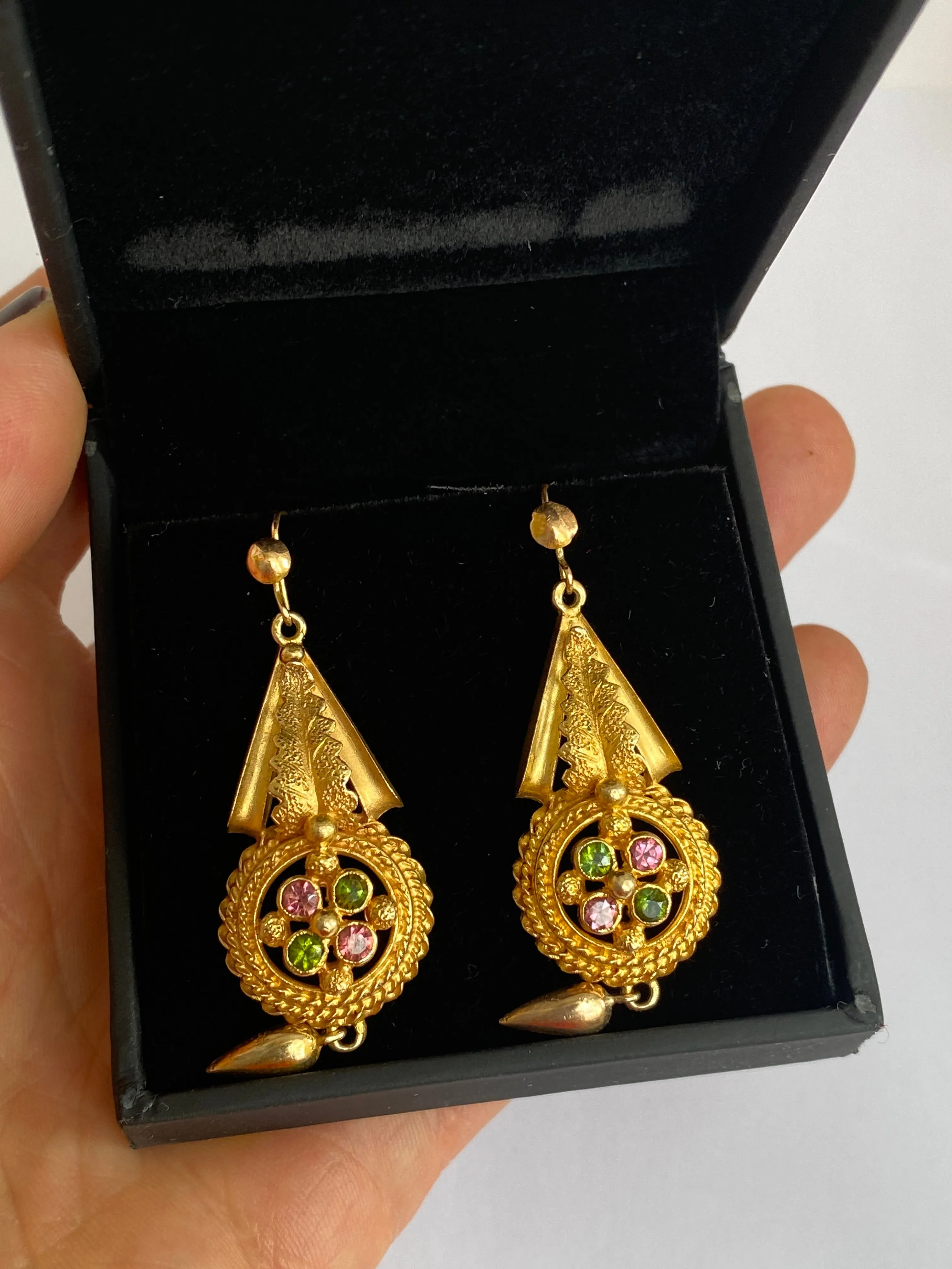 9ct Gold (with a 15ct Gilt finish), Victorian Tourmaline Hanging Earrings