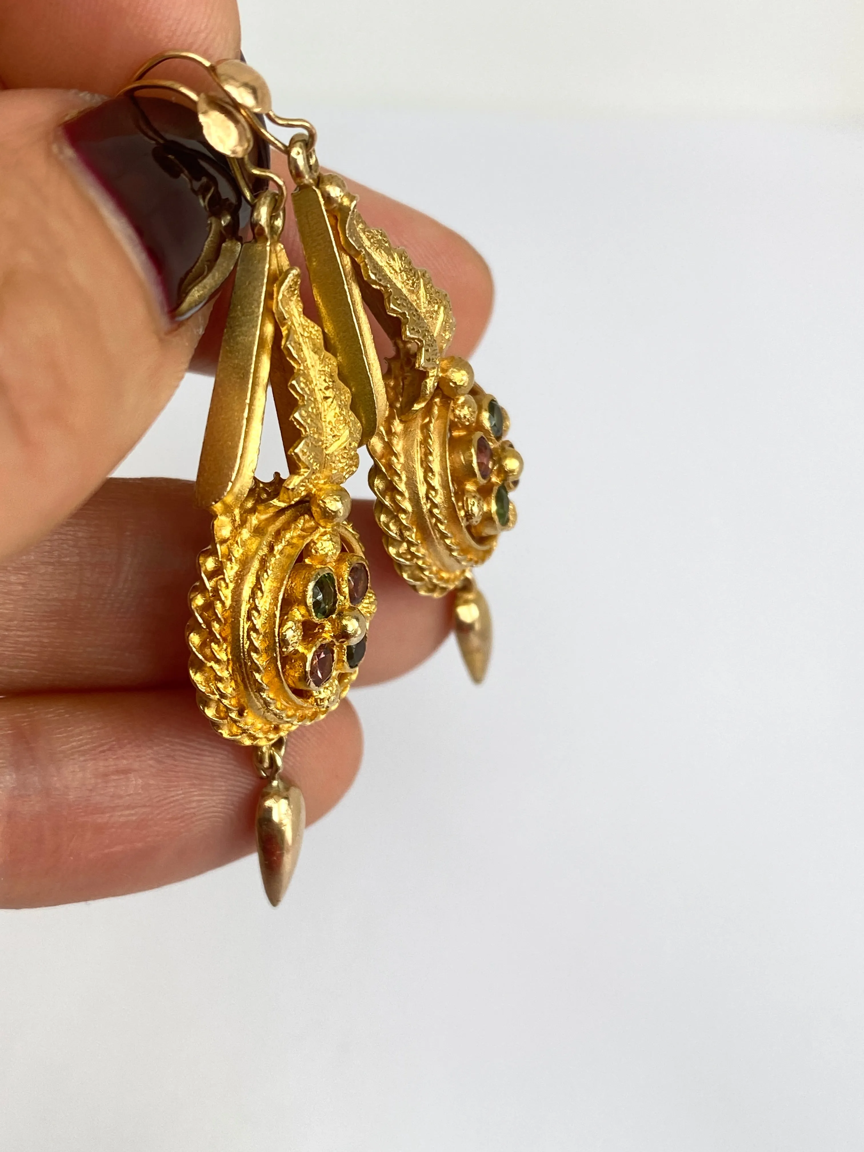 9ct Gold (with a 15ct Gilt finish), Victorian Tourmaline Hanging Earrings