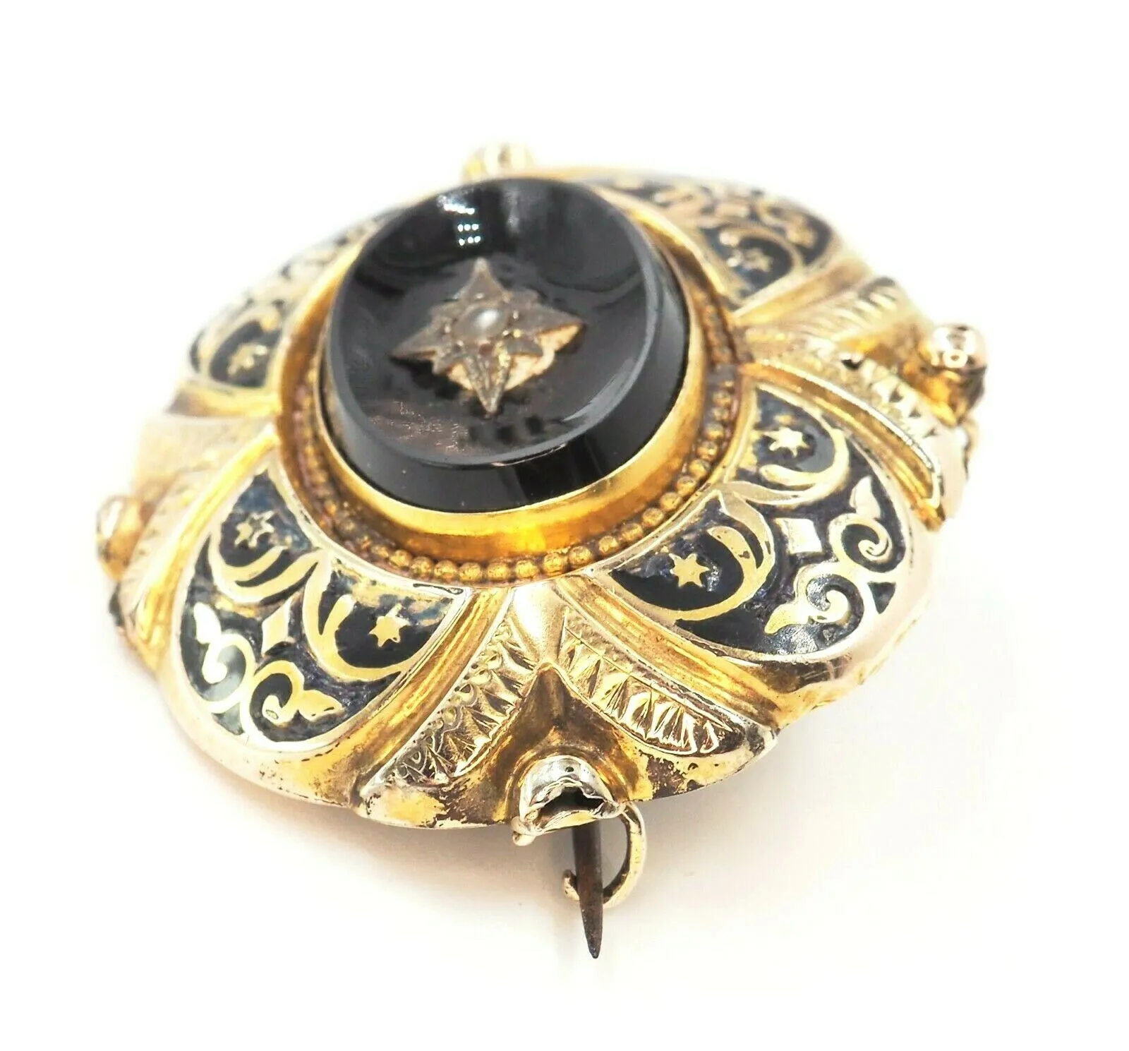 9ct Yellow Gold Pearl Enamel Mourning Brooch With Removable Glass Back