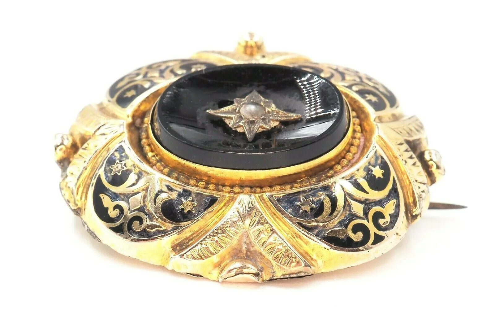 9ct Yellow Gold Pearl Enamel Mourning Brooch With Removable Glass Back