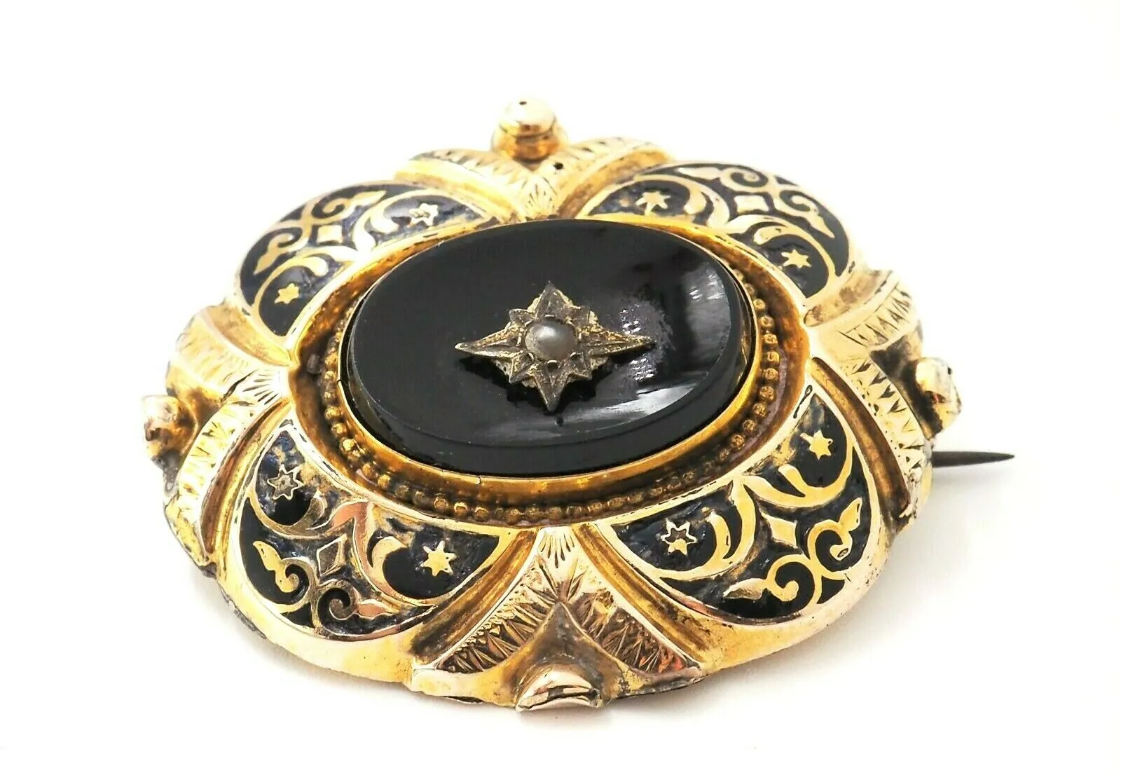 9ct Yellow Gold Pearl Enamel Mourning Brooch With Removable Glass Back