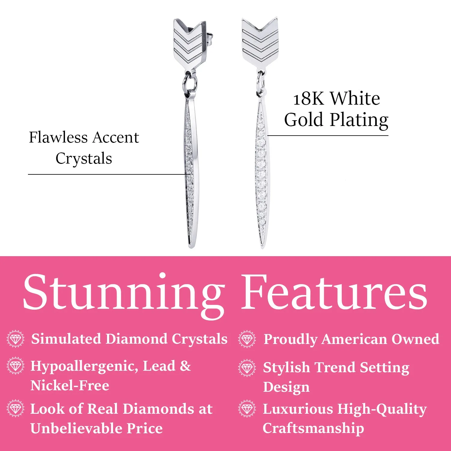 Addison 18k White Gold Plated Arrow Drop Dangle Earrings with Simulated Diamond Crystals