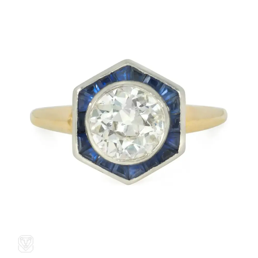 An antique hexagonal diamond and sapphire ring