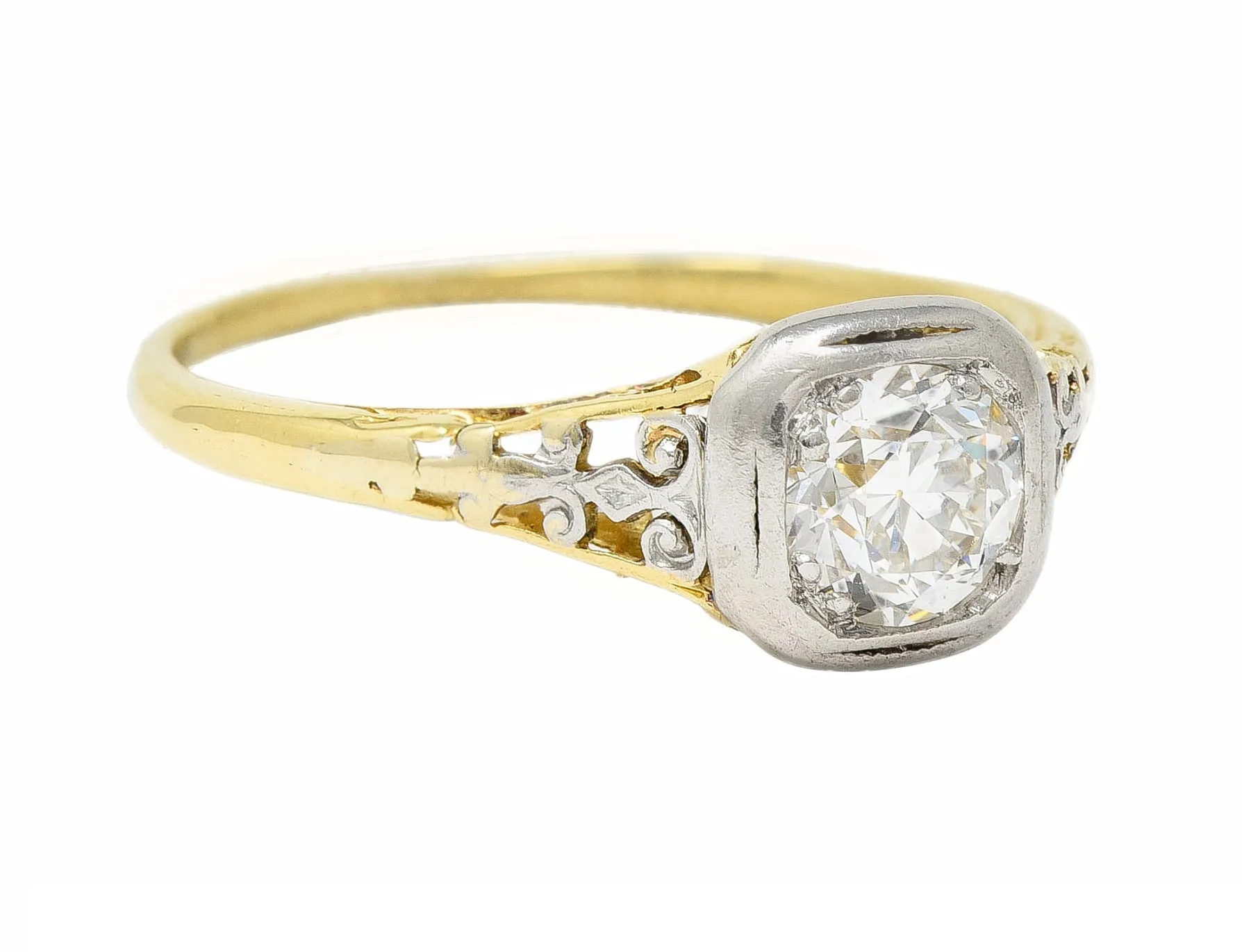 Art Deco 0.36 CTW Platinum 18 Karat Yellow Gold Volute Vintage Engagement Ring