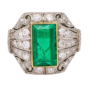 Art Deco Inspired AGL Colombian Minor Oil Emerald Diamond Platinum Ring