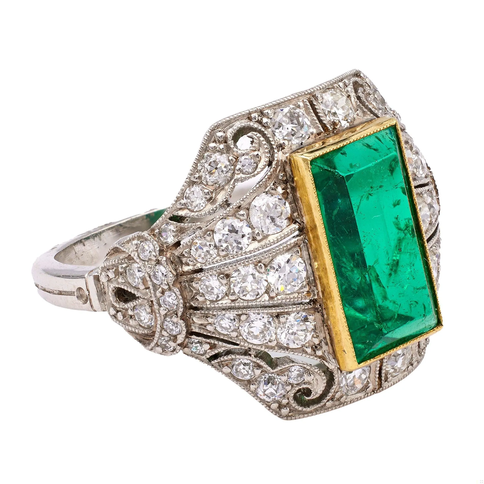 Art Deco Inspired AGL Colombian Minor Oil Emerald Diamond Platinum Ring