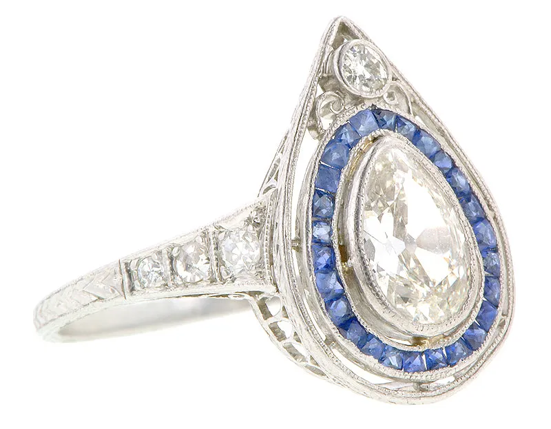 Art Deco Pear Shape .70ct Diamond & Sapphire* Platinum Engagement Ring