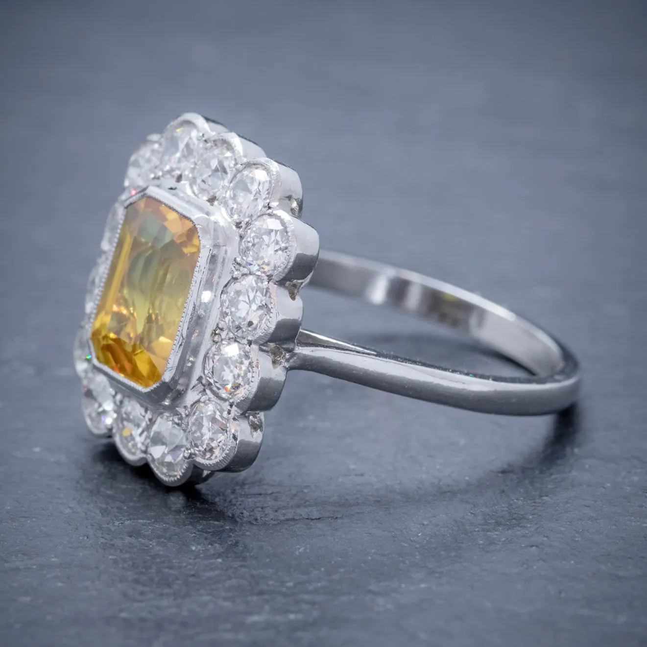 Art Deco Style Yellow Sapphire Diamond Ring 18Ct Gold Platinum 2.50Ct Sapphire 1.50Ct Of Diamond