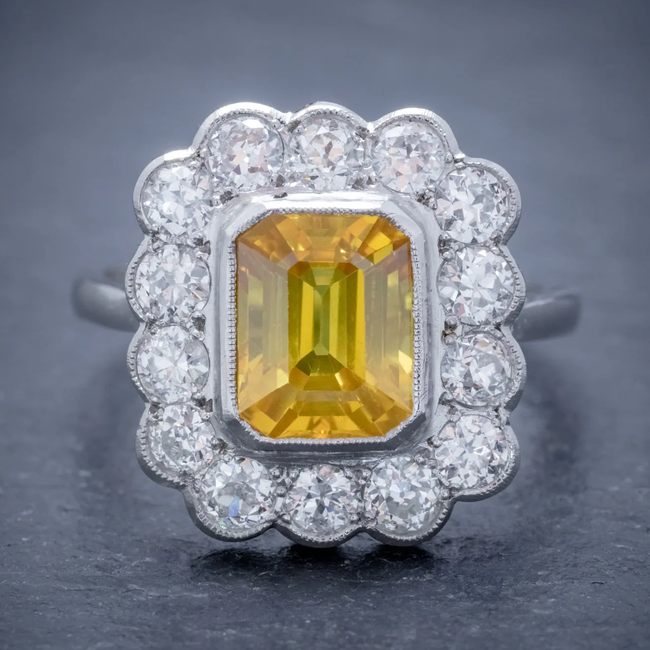 Art Deco Style Yellow Sapphire Diamond Ring 18Ct Gold Platinum 2.50Ct Sapphire 1.50Ct Of Diamond