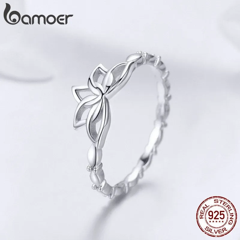 BAMOER Elegant Authentic 925 Sterling Silver Lotus Flower Finger Rings Flower Rings for Women Sterling Silver Jewelry BSR018