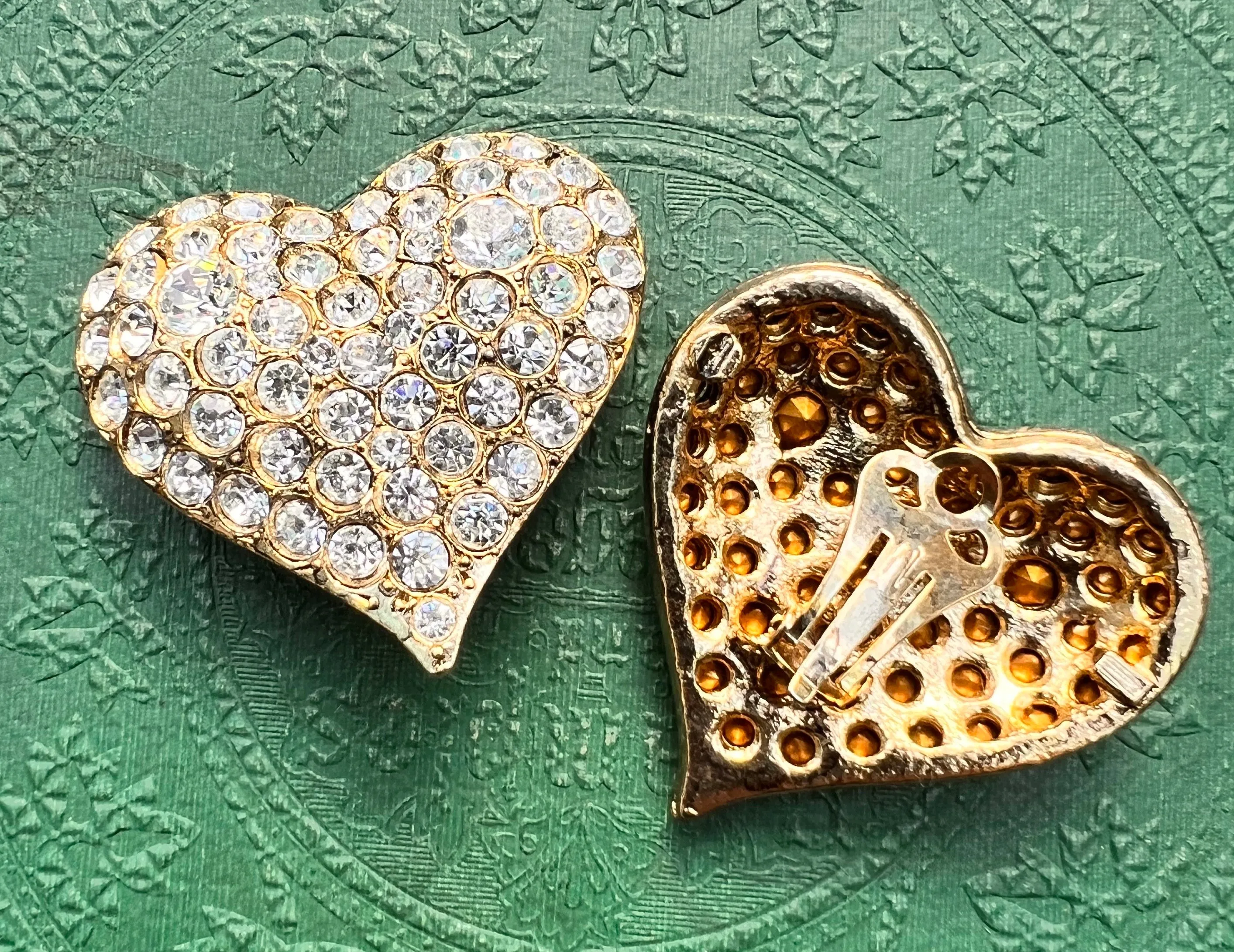 Big and Sparkly Vintage Heart Rhinestone Clip On Earrings