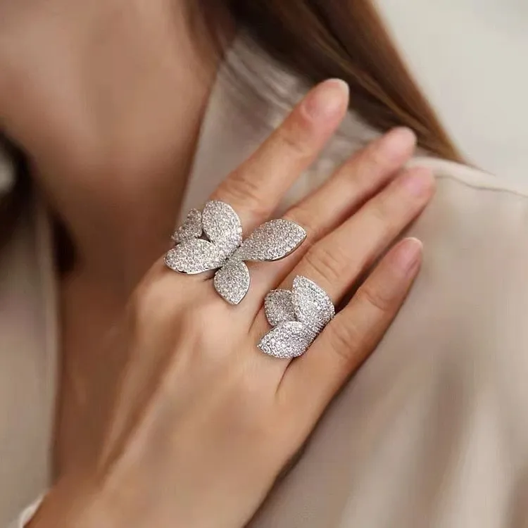 Big Silver Color Flower Leaf Adjustable Ring with Bling Zircon Stone for Women Wedding Engeagement Fashion Jewelry 2022 Trend