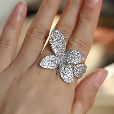 Big Silver Color Flower Leaf Adjustable Ring with Bling Zircon Stone for Women Wedding Engeagement Fashion Jewelry 2022 Trend