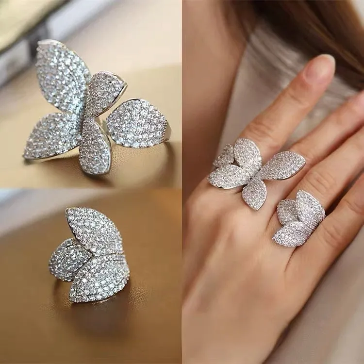 Big Silver Color Flower Leaf Adjustable Ring with Bling Zircon Stone for Women Wedding Engeagement Fashion Jewelry 2022 Trend