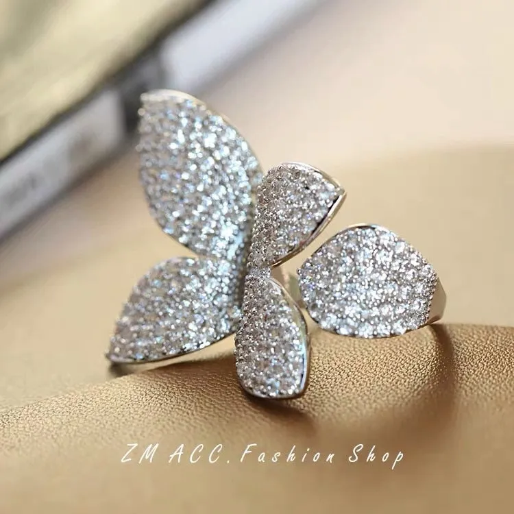 Big Silver Color Flower Leaf Adjustable Ring with Bling Zircon Stone for Women Wedding Engeagement Fashion Jewelry 2022 Trend