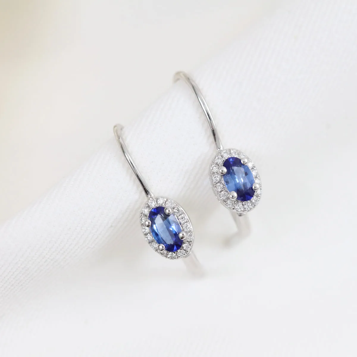 Bijou Collection 0.48ct Sapphire & Diamond Oval Halo Drop Earrings | 9K White Gold