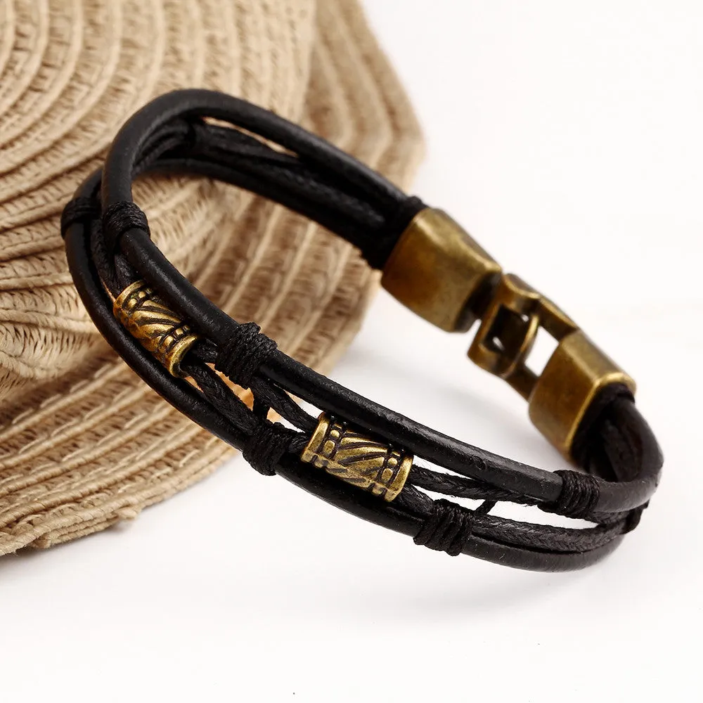 Black Brown Gold-plated Fashion Latin Rope Chain Leather Bracelet And Hide Metal Buckle Decoration Retro Bracelets For Man