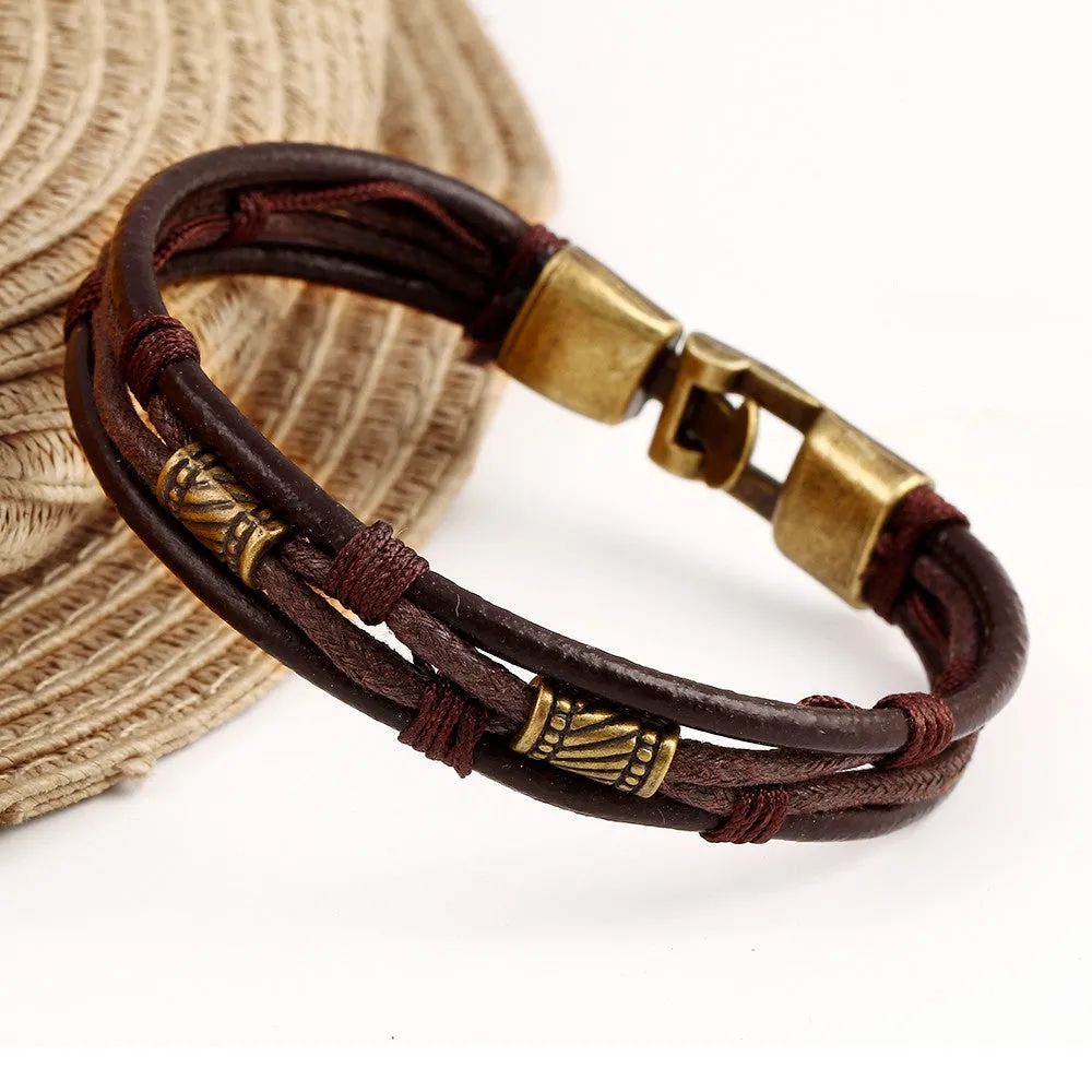 Black Brown Gold-plated Fashion Latin Rope Chain Leather Bracelet And Hide Metal Buckle Decoration Retro Bracelets For Man