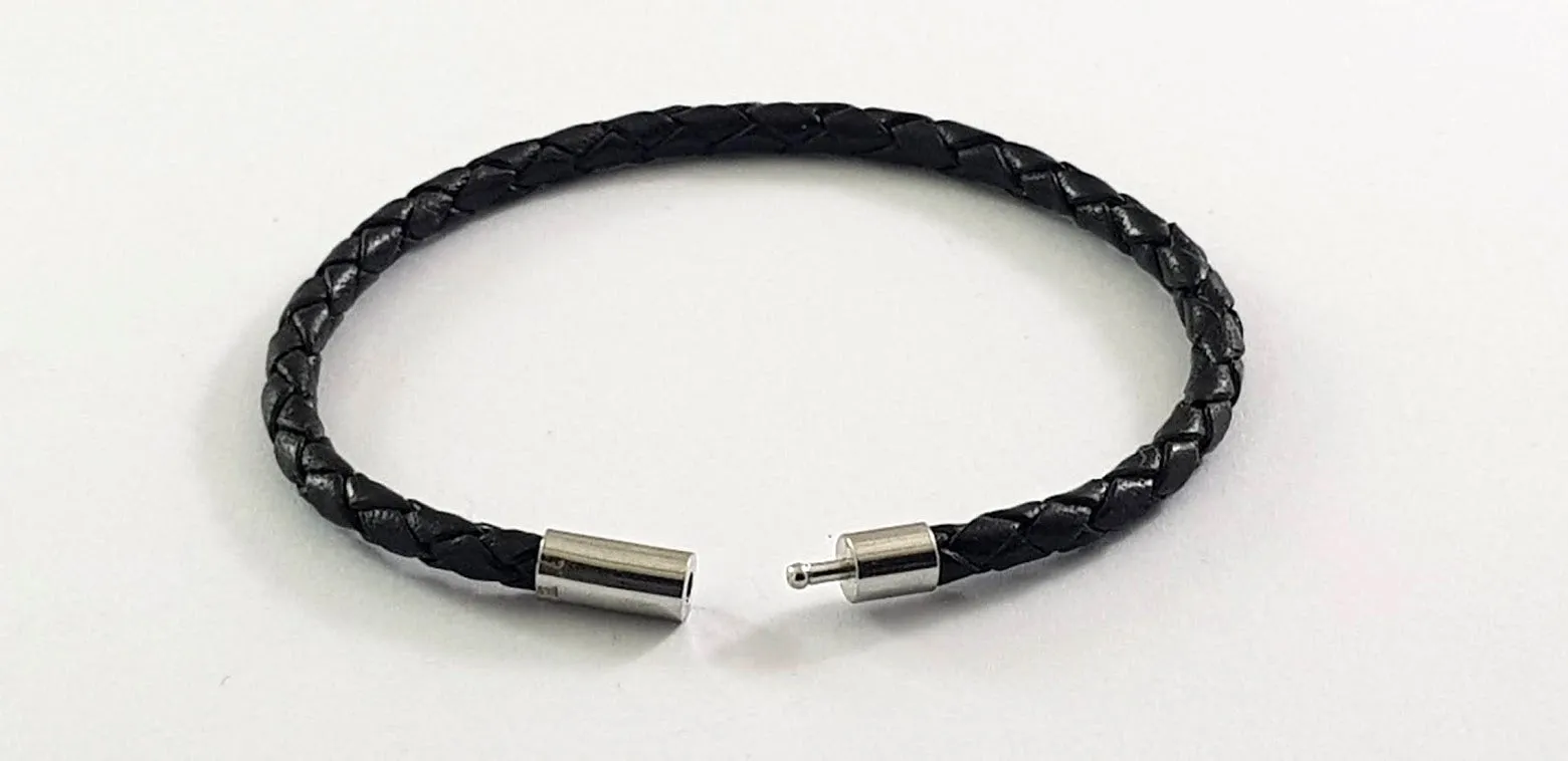 Black Genuine Leather Bracelet 4 mm round diameter