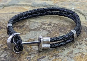 Black leather Bracelet with Anchor clasp