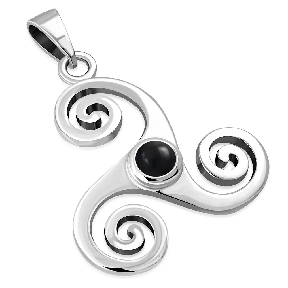 Black Onyx Triskele Triskelion Triple Archimedean Spiral Celtic Silver Pendant