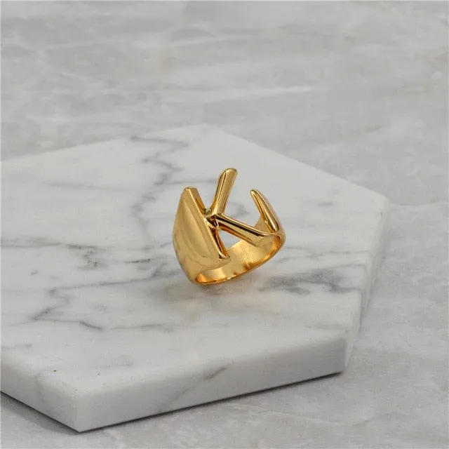 Brass With 18K Yellow Gold Plated English Letters Alphabet Rings Size Adjustable