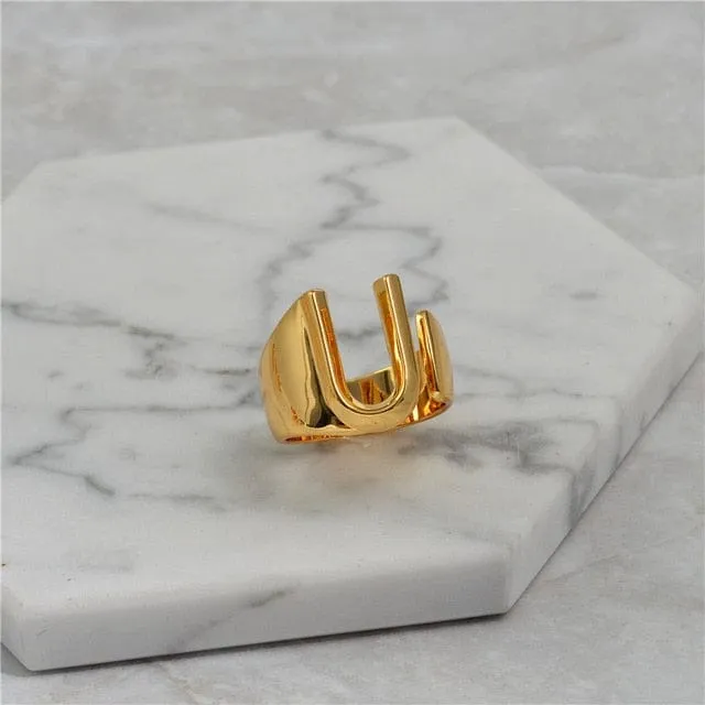 Brass With 18K Yellow Gold Plated English Letters Alphabet Rings Size Adjustable