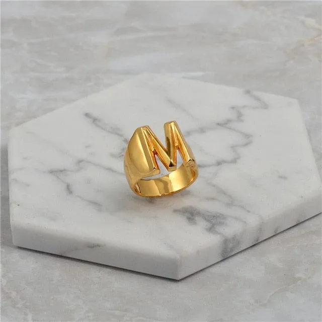 Brass With 18K Yellow Gold Plated English Letters Alphabet Rings Size Adjustable