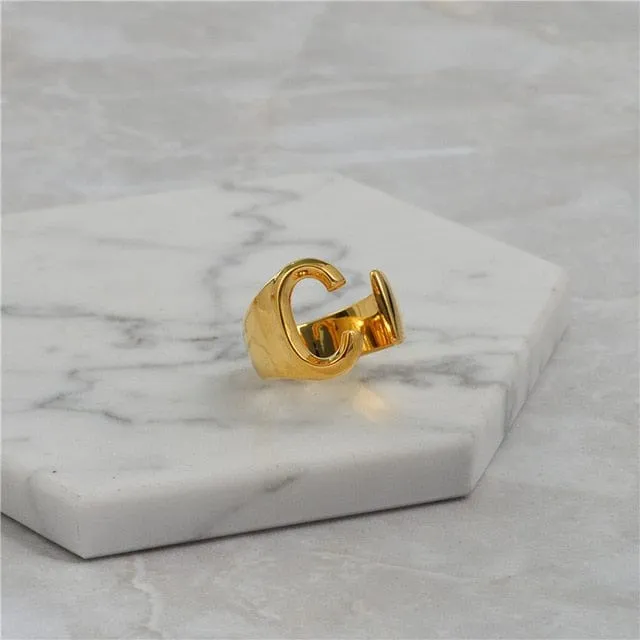 Brass With 18K Yellow Gold Plated English Letters Alphabet Rings Size Adjustable