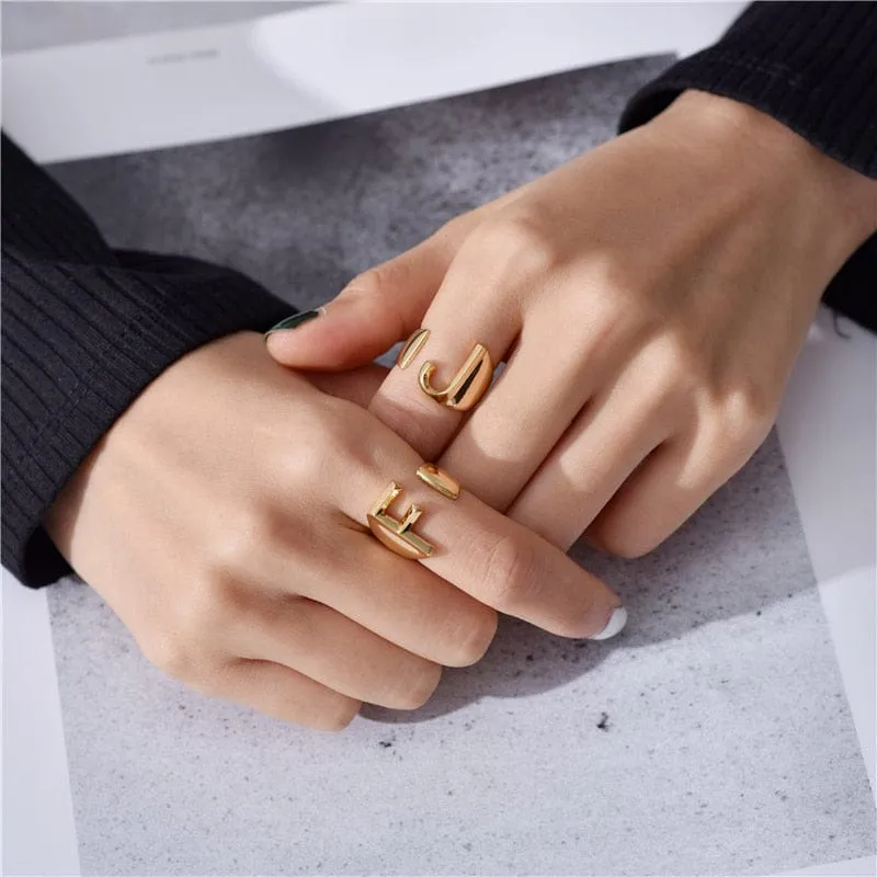 Brass With 18K Yellow Gold Plated English Letters Alphabet Rings Size Adjustable